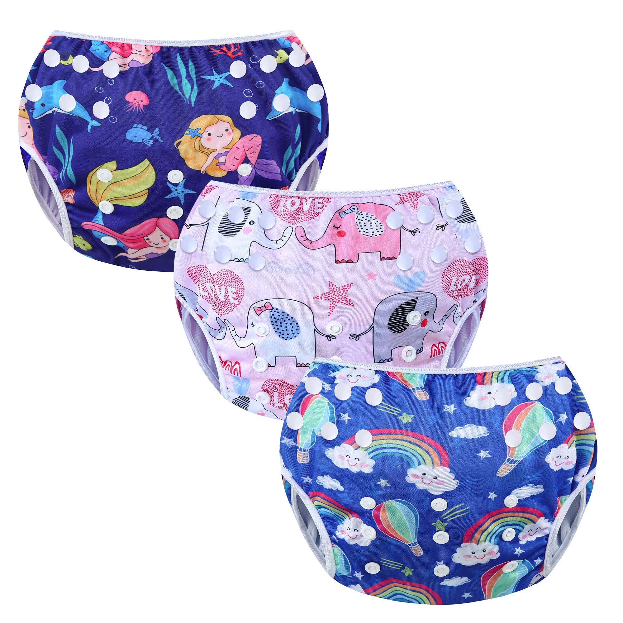 MIXIDON Reusable Swim Nappy Baby Swimming Nappies Adjustable Size Washable Nappy for Swimming Lesson 0-3 Years,Mermaid+Rainbow+Elephant
