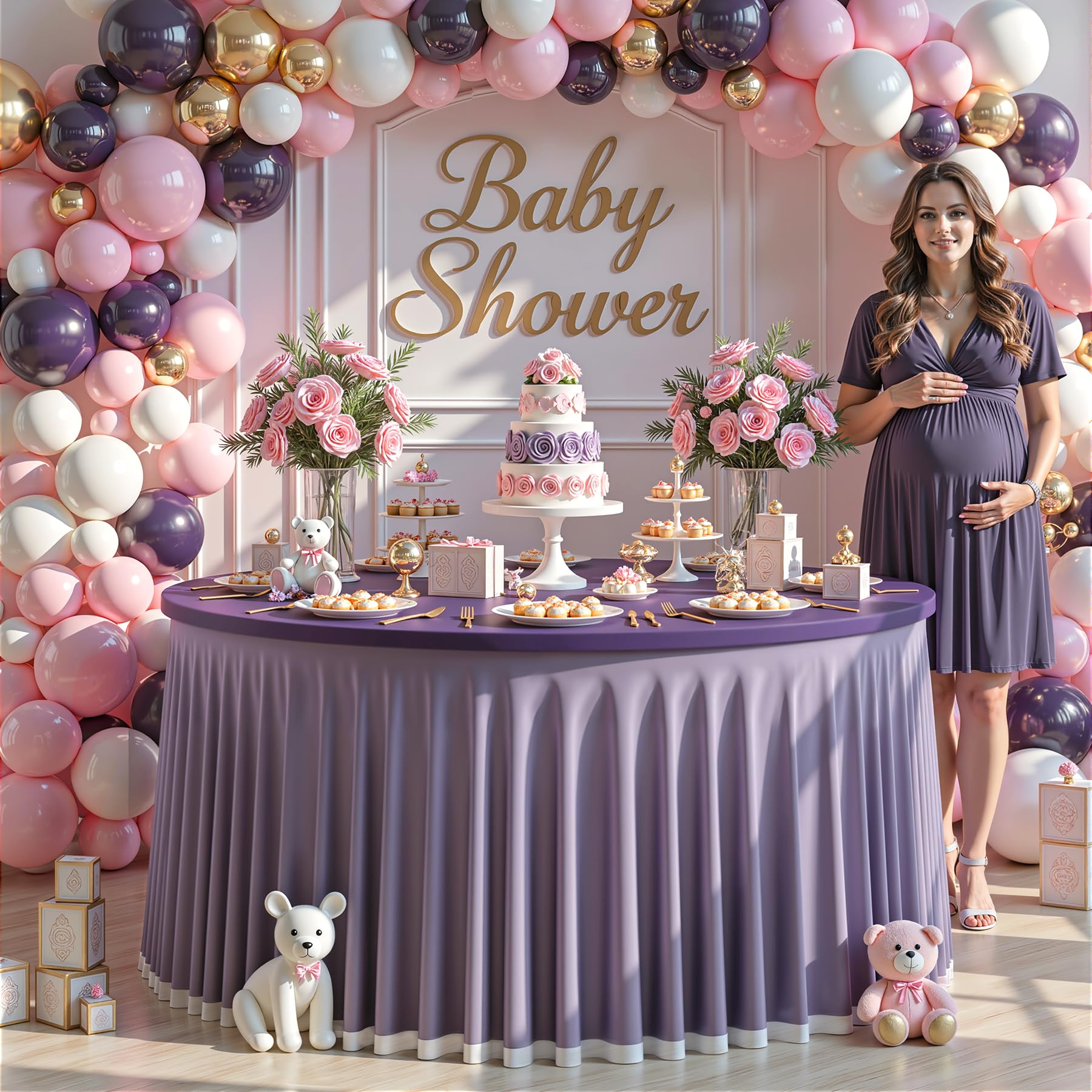 Photo 1 of Wish Care Purple Tulle Tablecloth 60 Inch Spandex Elastic Round Table Cloths Ruffle Tutu Skirt 5ft Wrinkle Free Stretch Fitted Round Table Cover for Baby Shower Wedding Birthday Party Banquet Cake