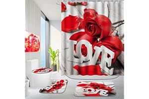 Poedist 4 Pcs Bathroom Shower Curtain Set, Red Rose Shower Curtain Valentine's Day Shower Curtain Sets with Rugs(Bath Mat,U Shape and Toilet Lid Cover Mat) and 12 Hooks