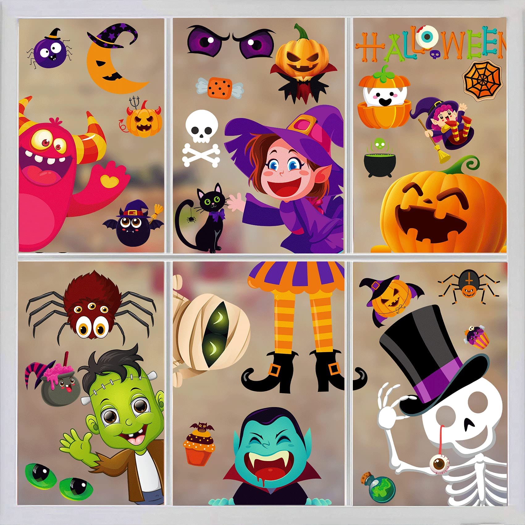 Funnlot Halloween Window Stickers Decorations Double Sides 10 Sheets Cute Halloween Window Clings Monster Witch for Kids Reusable for Window Glass