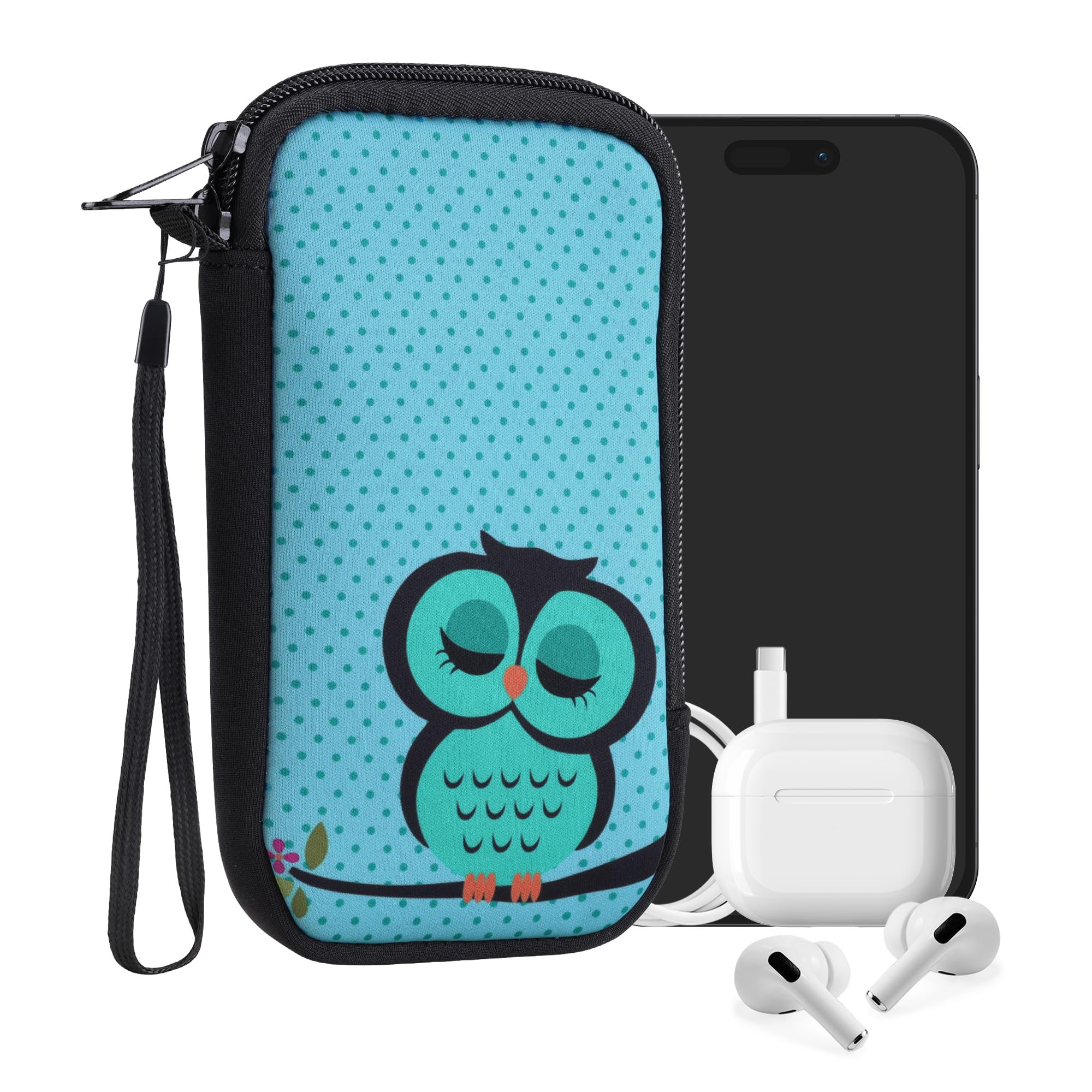 kwmobile Neoprene Sleeve for Smartphone Size L - 6.5" - Shock Absorbing Pouch Case - Protective Phone Bag - Sleeping Owl Turquoise/Brown/Mint