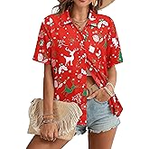 Dresswel Christmas Shirt Women Hawaiian Button Down Shirts Funny Xmas Graphic Blouses Short Sleeve Holiday Beach Tops