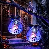 2 Pack Solar Lanterns Outdoor Waterproof , Hanging Metal Spider Flickering Flame Solar Lights, Decorative Halloween Gifts for Patio Garden Porch