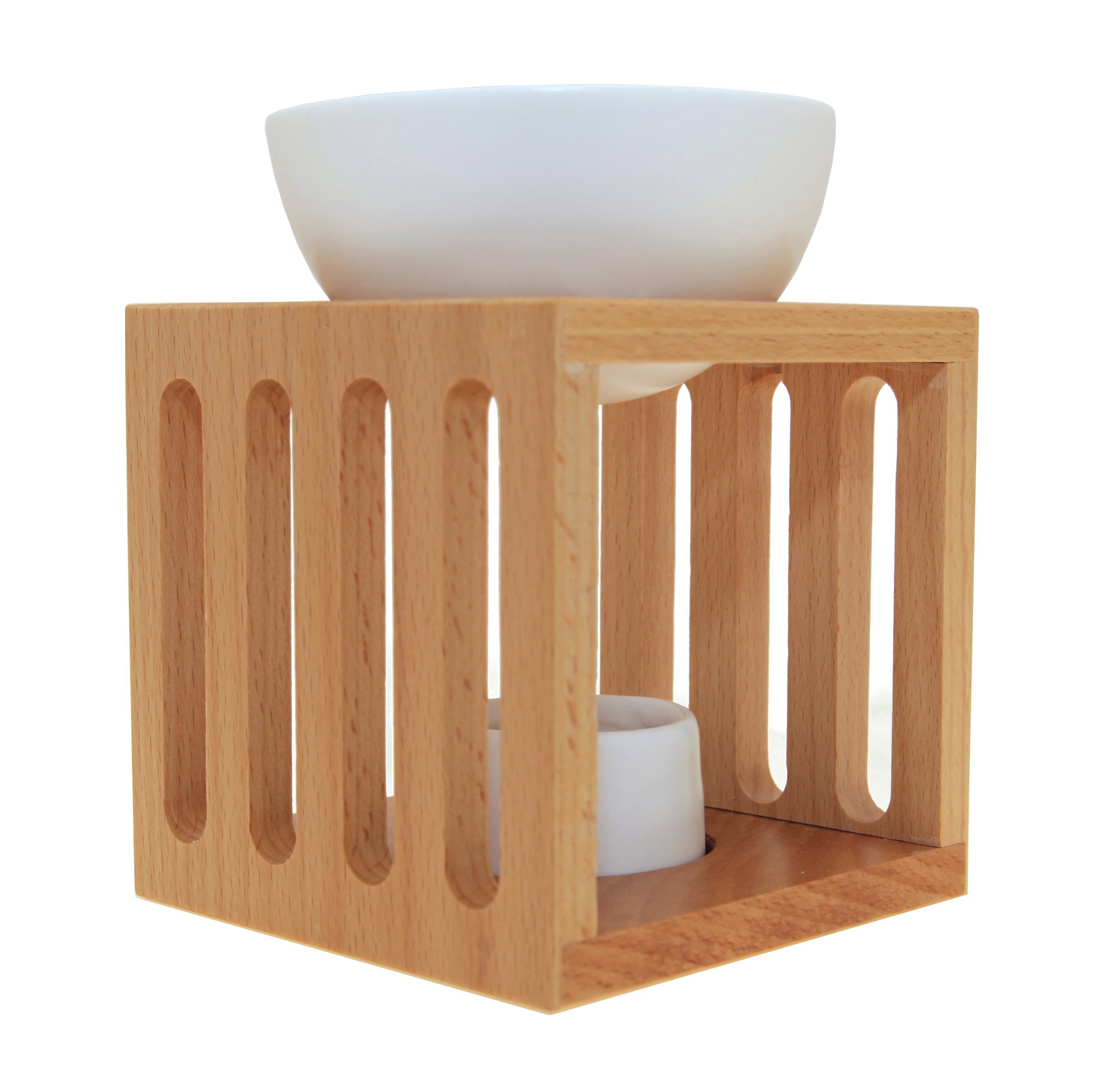 Sensoli Cube Oil Burner – Solid Wood with White Ceramic Bowl and Tealight Candle Holder