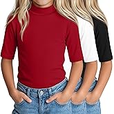 LessonZoo 3 Pack Girls' 1/2 Sleeve Mock Turtleneck Shirts Summer Elbow Length Tops Kids Half Sleeve Basic Tees Teen Shirts