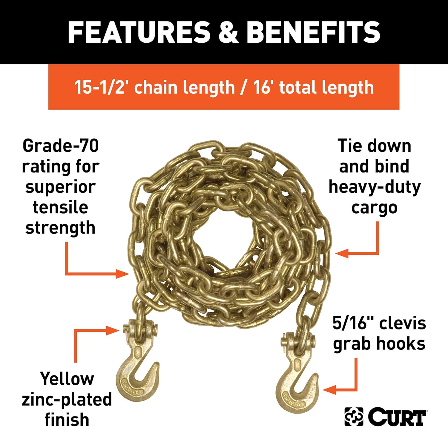 Curt 16 Foot Trailer Safety Transport Tie Down Load Binder Chain 5 16 Inch Clevis Hooks 18 800 Lbs Break Strength Exterior Accessories Towing Products Winches Diagenics Com