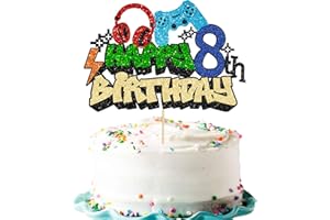 Gyufise 1Pcs Video Game Happy 8th Birthday Cake Topper Glitter Video Game Cake Pick Game On Controllers Tenth Cheers to 8 Years Cake Decoration for Boys 8th Birthday Party Supplies