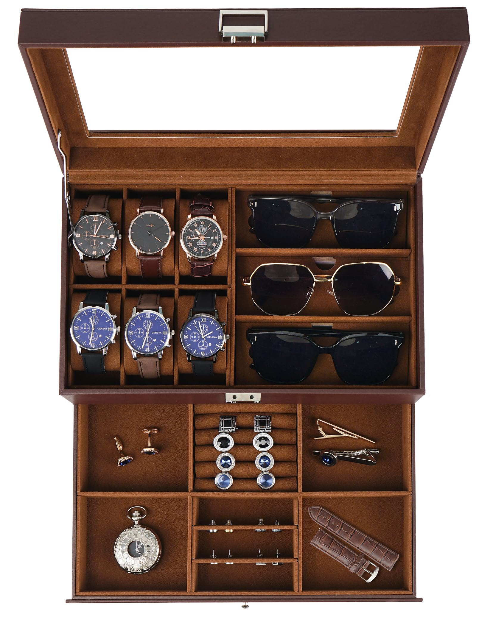 Photo 1 of Jenseits Watch Organizer & Jewelry Box for Men – 6 Watch Slots, 3 Sunglass Slots, Drawer for Rings, Bracelets & Cufflinks, 2-Layer Leather Watch Display Case w/Glass Lid, Gift for Men & Women, Brown