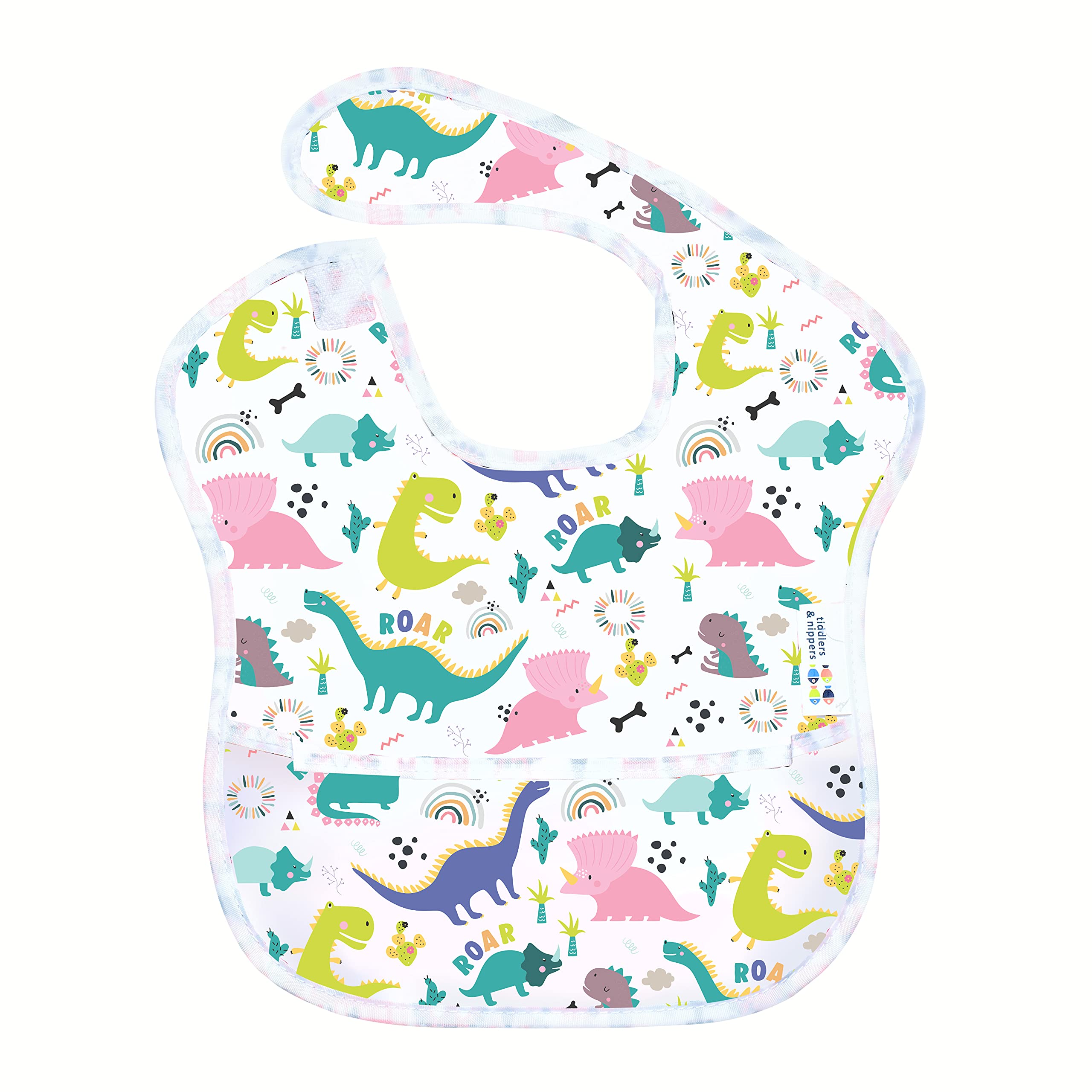 tiddler easy-bib | For 6-36 months | Waterproof & Wipe Clean | Integrated Spill Catch Pocket & Easy-Fit Adjustable Fasten | Lightweight & Machine Washable (1x Dinky Dinos)
