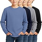 LessonZoo 4 Pack Boys Long Sleeve Shirts Crewneck Kids Waffle Knit T Shirts Toddler Boy Thermal Casual Tops Tees 5-14 Years(Haze Blue, Navy Blue, Gray, Black,5-6 Years)