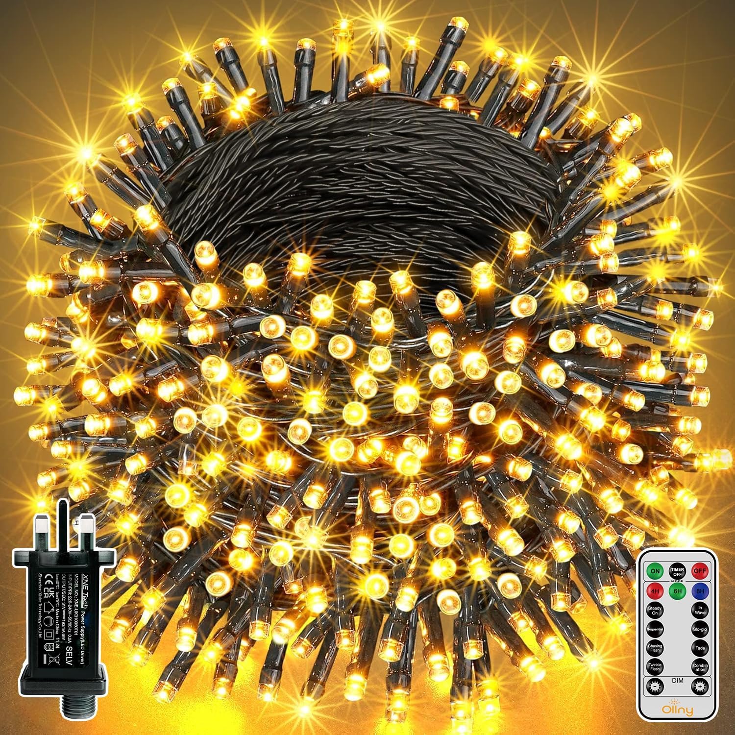 Ollny Christmas Tree Lights Outdoor, 20m 200 LED Fairy Lights Mains Powered, Warm White Waterproof String Light with Plug/Remote/Modes/Timer, Bright Lighting Outside Indoor Garden Xmas Decorations