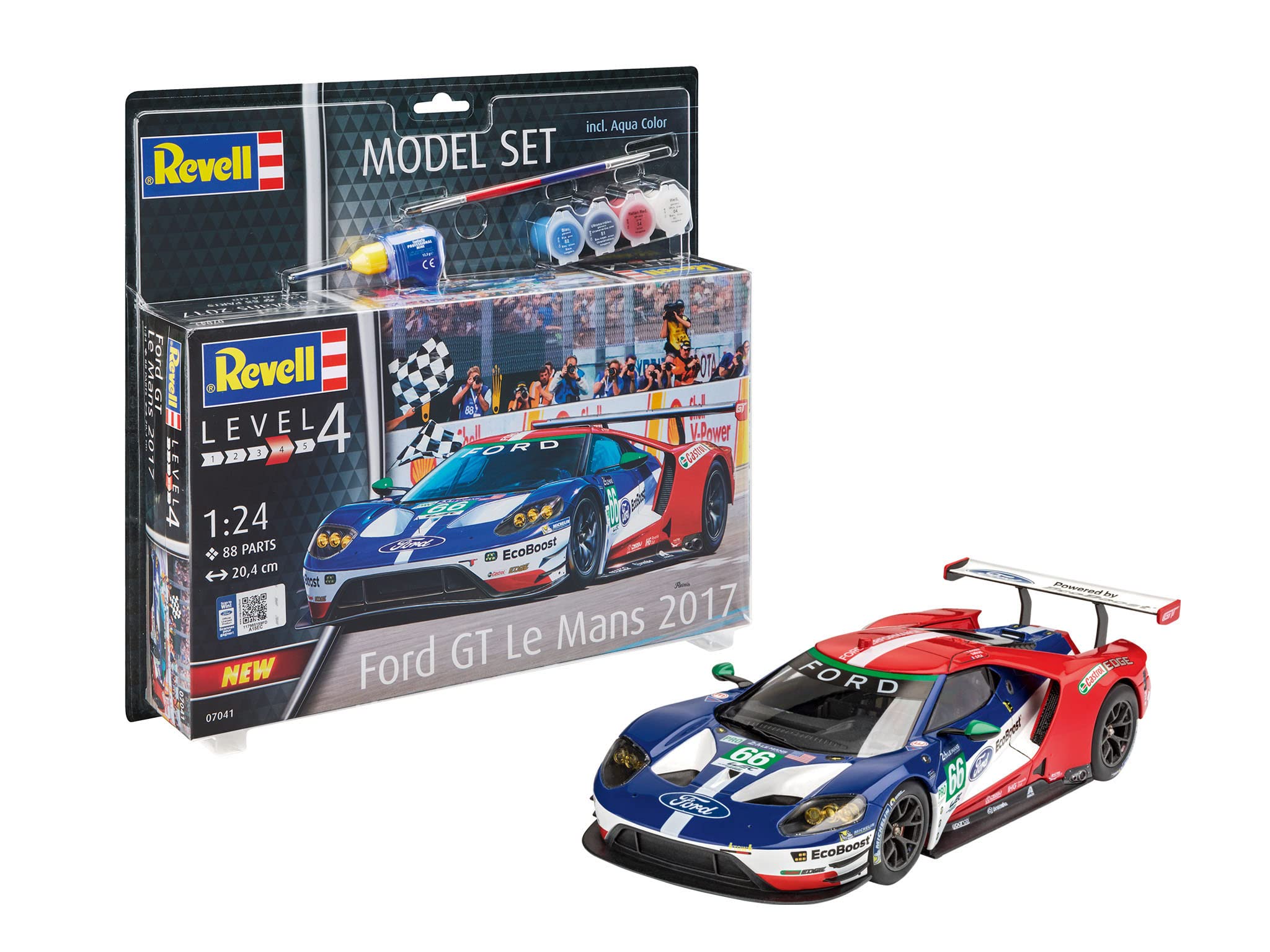 Revell Model Set 67041 Ford GT - Le Mans 1:24 Scale Unbuilt/Unpainted Plastic Model Kit with Contacta Professional Glue, Paintbrush & Selected Aqua Color Paints