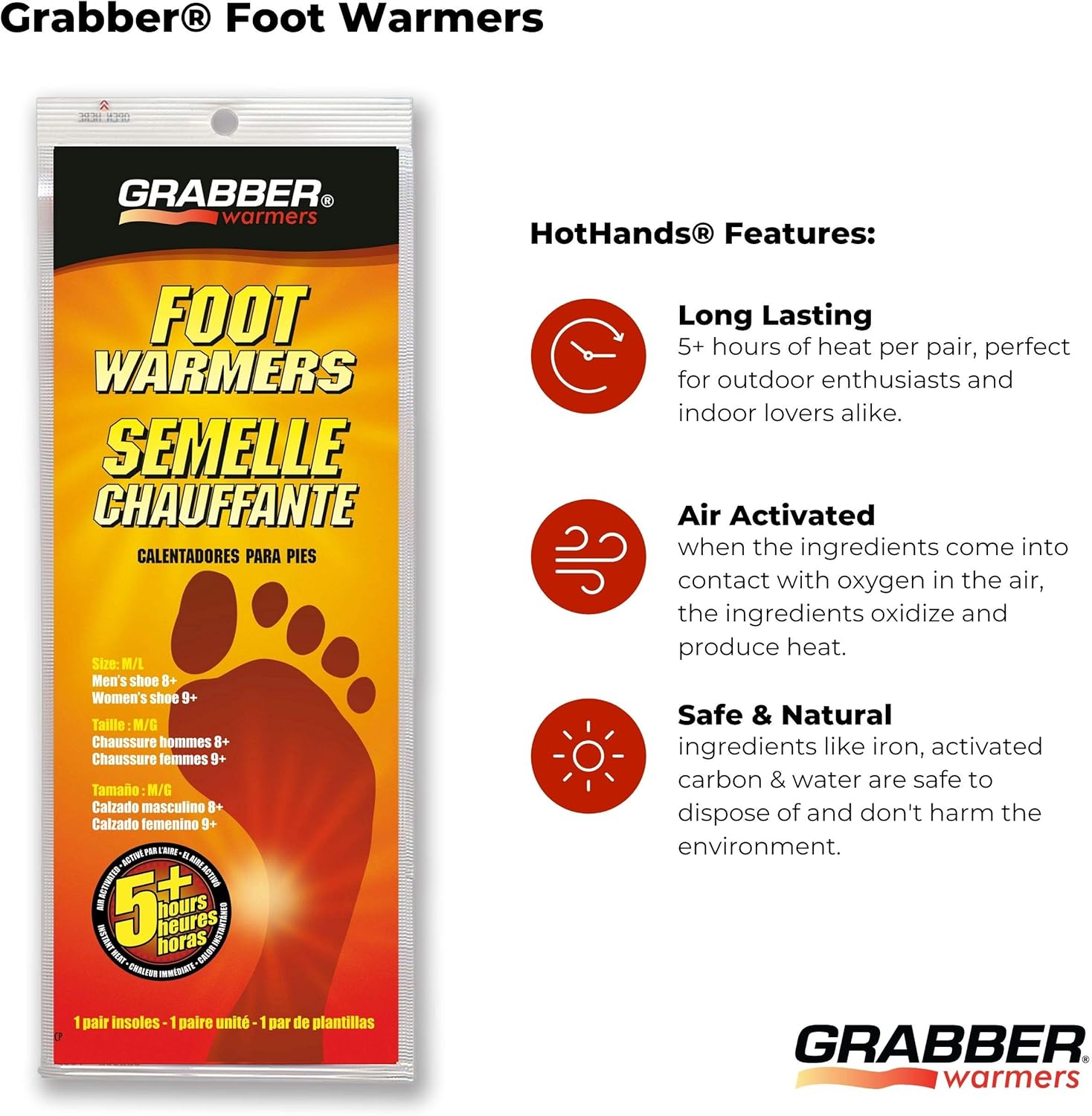Grabber Insole Foot Warmers - Long Lasting Safe Natural Odorless Air Activated Warmers - Up to 5 Hours of Heat - 30 Pair - Medium/Large: Sports & Outdoors