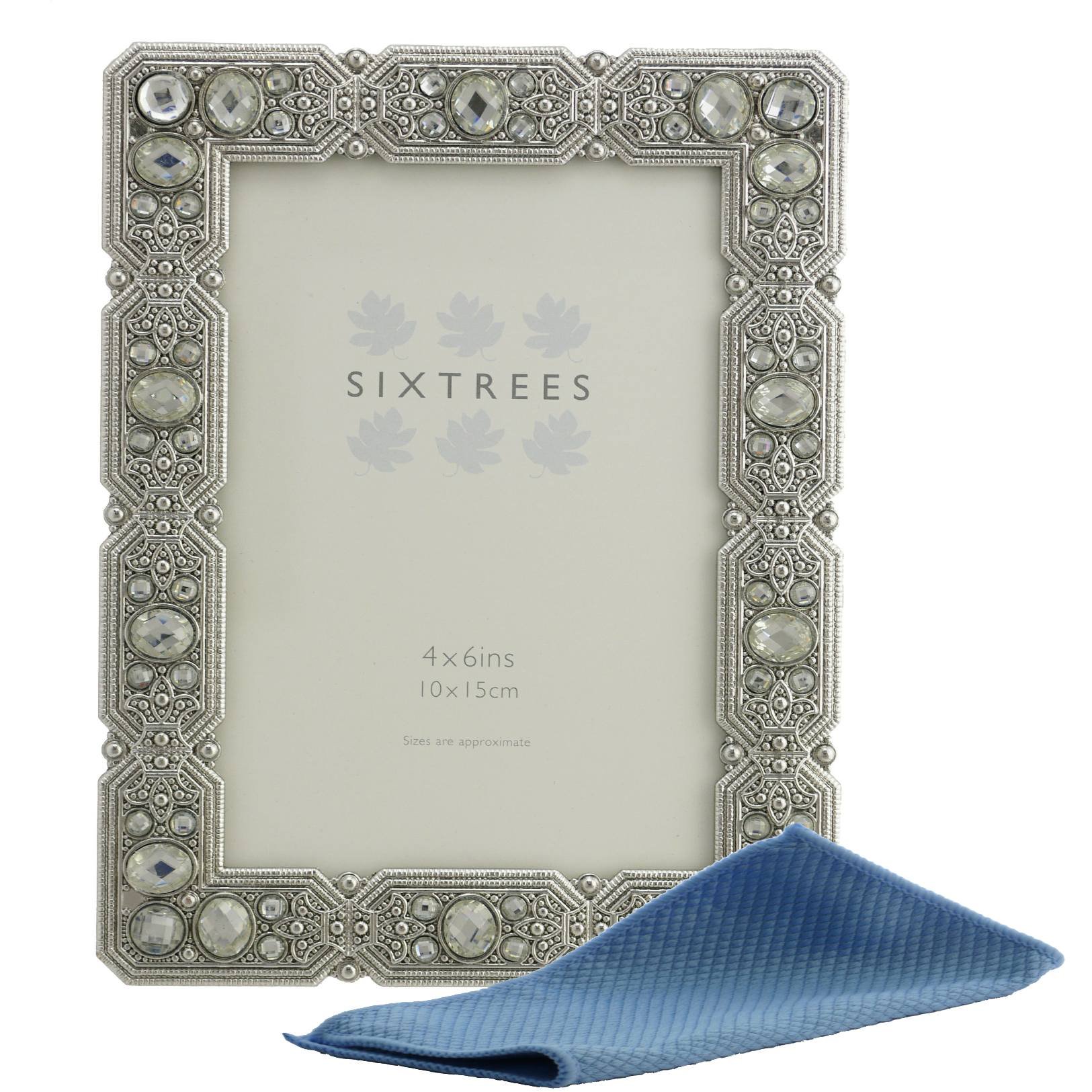 Sixtrees Maud Antique Vintage and Shabby Chic Style silver metal photo frame with beads and crystals for a 6" x 4" (152 x 102mm) picture -Complete with Microfibre polishing cloth — image 1
