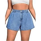 WDIRARA Women's Plus Size High Waist Pleated Wide Leg Jeans Denim Shorts with Pockets