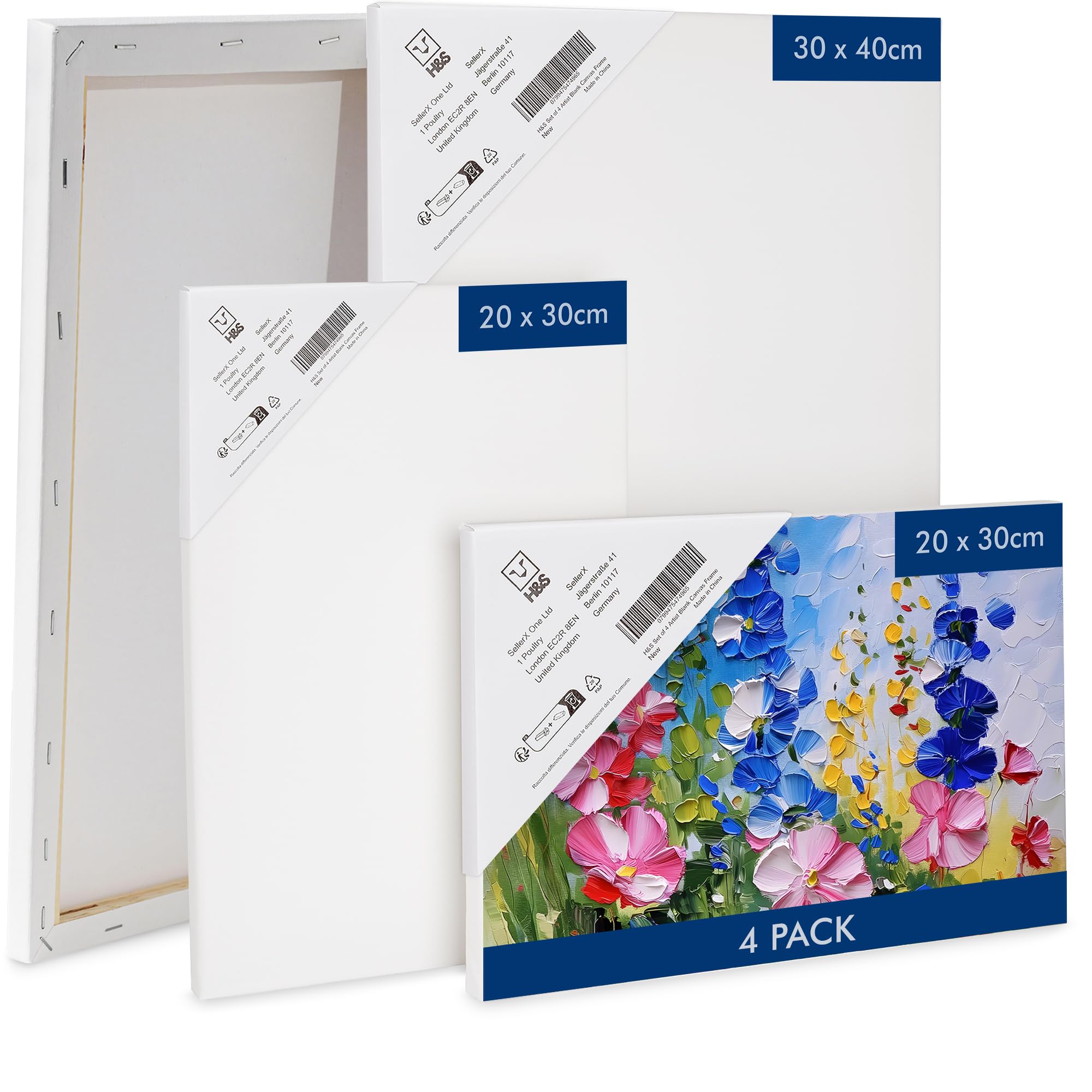 H&S Set of 4 Artist Blank Canvas Frame Stretcher, Acrylic, Oil, Water - Painting Canvas Board 20x30cm 30x40cm - Paint Canvas for Painting - Blank Canvases for Art - Large & Small