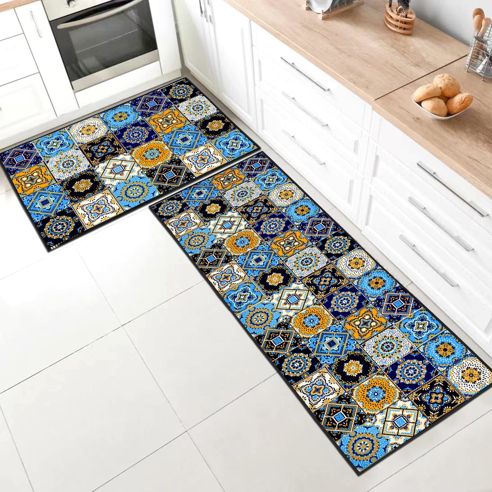 SHUAIG Kitchen Rug Set 2 Piece Non Slip Washable,Kitchen Mat Anti Fatigue Set,kitchen carpets with anti-slip stickers for Home Decoration(Style G, 43x75 + 43x150 cm)