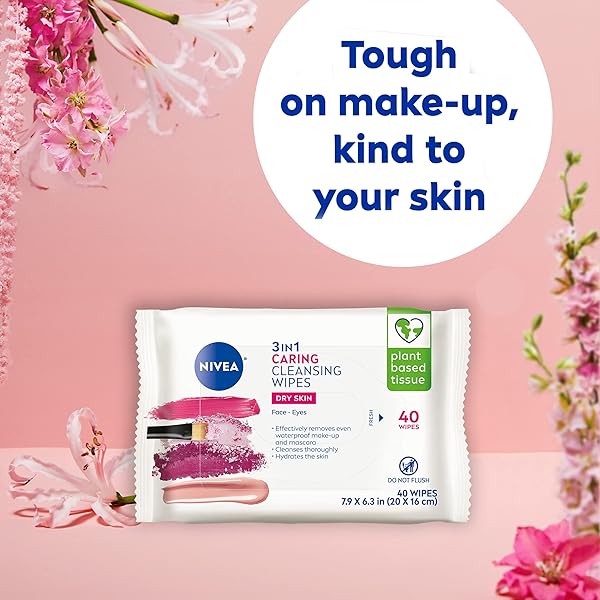 NIVEA 3IN1 CARING CLEANSING WIPES FOR FACE AND EYES, EFFECTIVE AS A WATERPROOF MAKEUP REMOVER, GENTLE FACIAL CLEANSER FOR DRY AND SENSITIVE SKIN, 40 CT