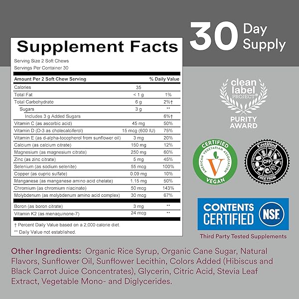 SMARTYPANTS MINERAL CHEWS: MAGNESIUM CITRATE & CALCIUM SUPPLEMENT WITH VITAMIN D3, VITAMIN C, K2, ZINC & SELENIUM FOR IMMUNE SUPPORT, 60 COUNT (30 DAY SUPPLY)