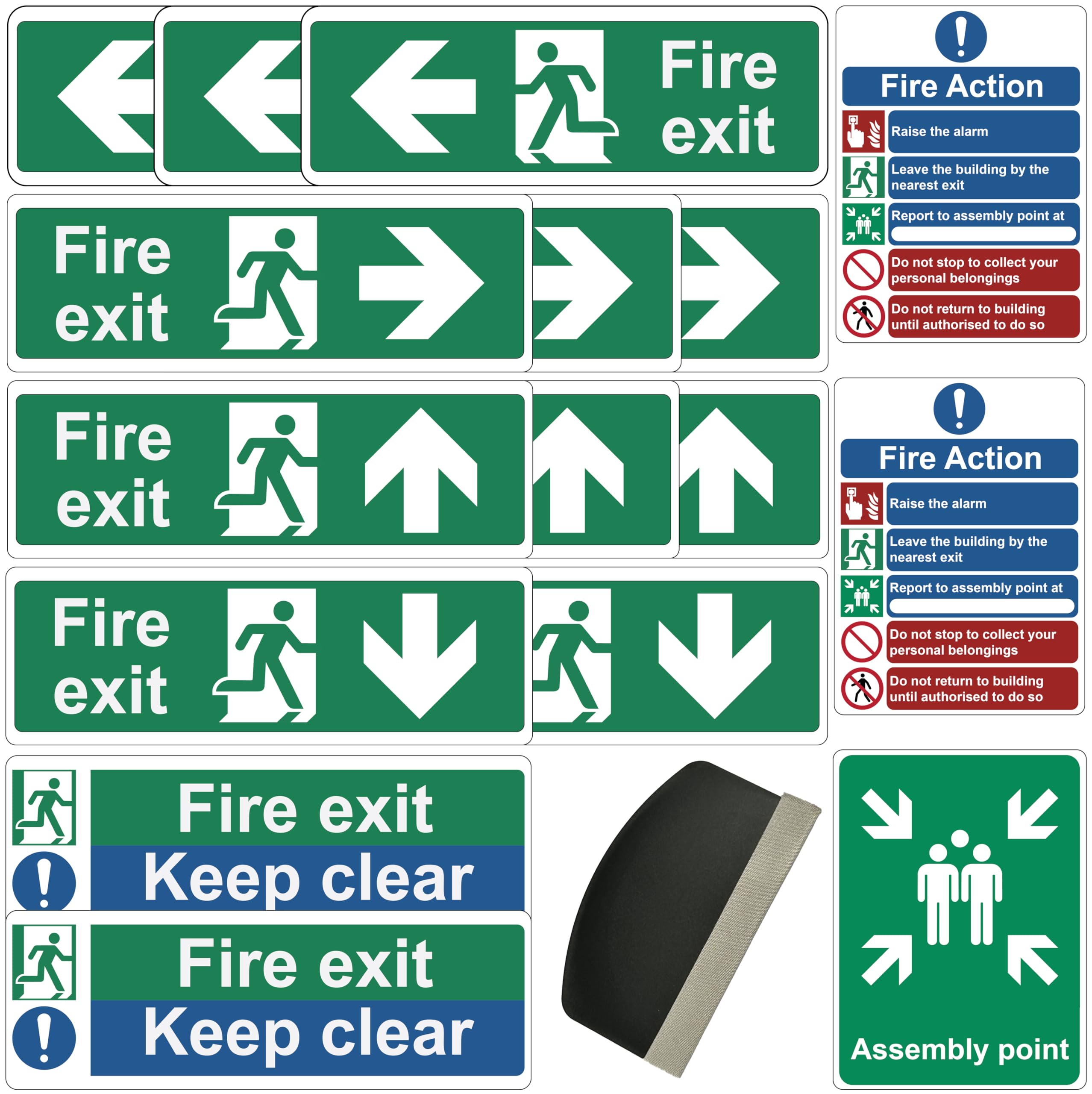 Fire Safety Signs – 17pc Pack with 16 Stickers & Squeegee – Fire Exit, Action & Assembly Point Compliance Kit & Door Stickers