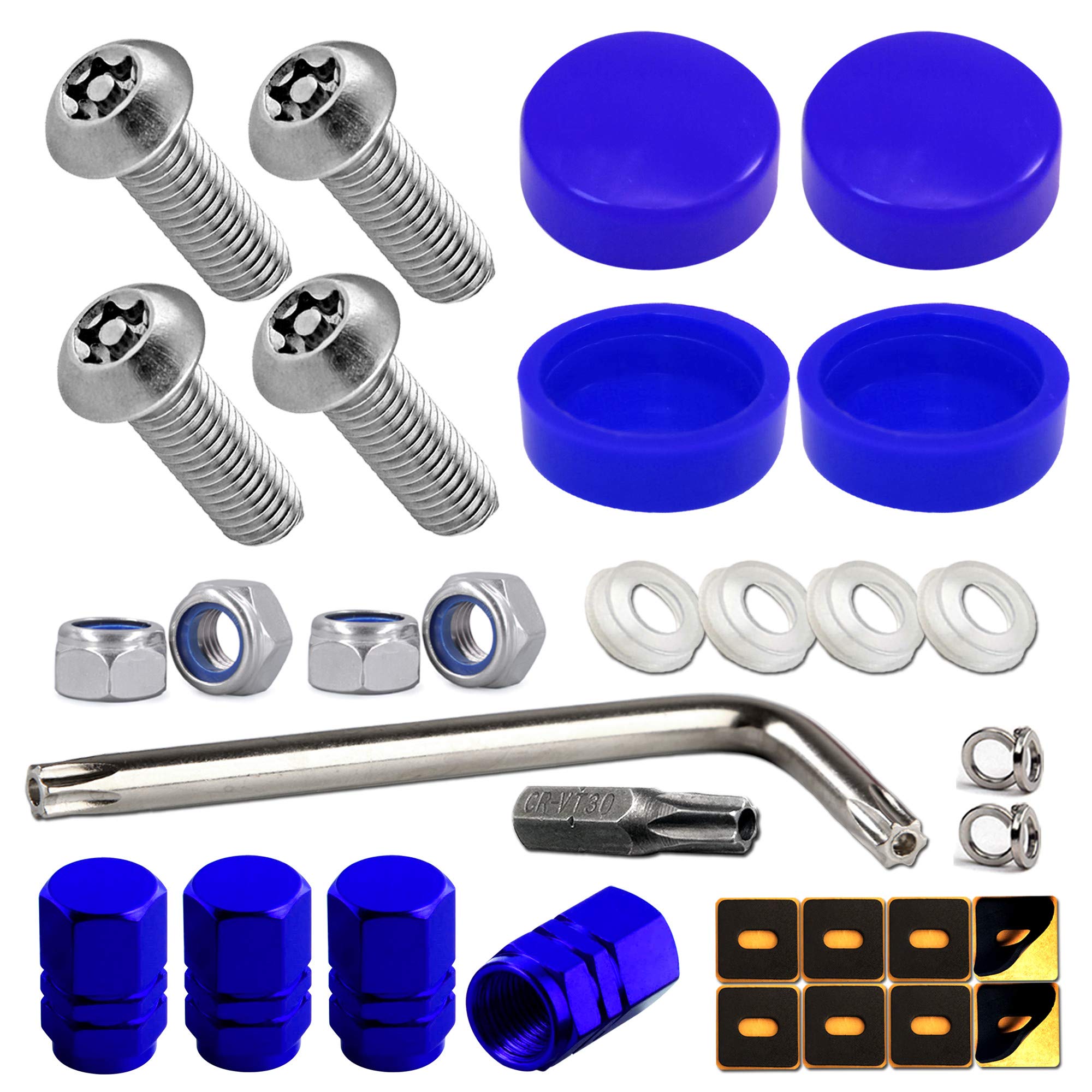 AOOTFBlue License Plate Screws Caps- Stainless Steel Anti Theft Car Tag Bolts Nuts for Fastening Holder Frame Cover, M6 (1/4") Security Mount Hardware, Rattle Proof Pads
