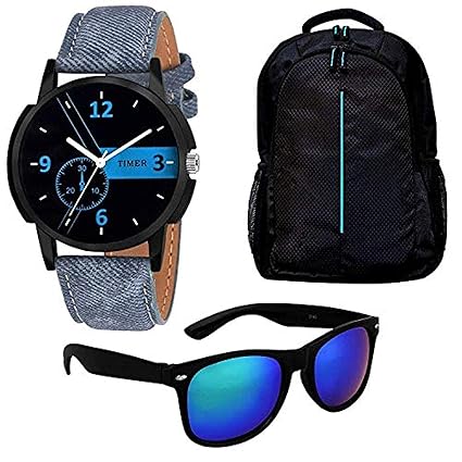 Timer Combo of Laptop Bag and Chronograph Black Dial Watch with Sunglass for Men & Boys