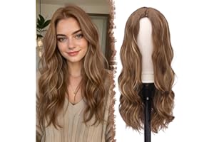 FESHFEN Long Honey Blonde Mixed Light Brown Wigs for Women, 24 inch Middle Parting Synthetic Wavy Wig for Daily Party