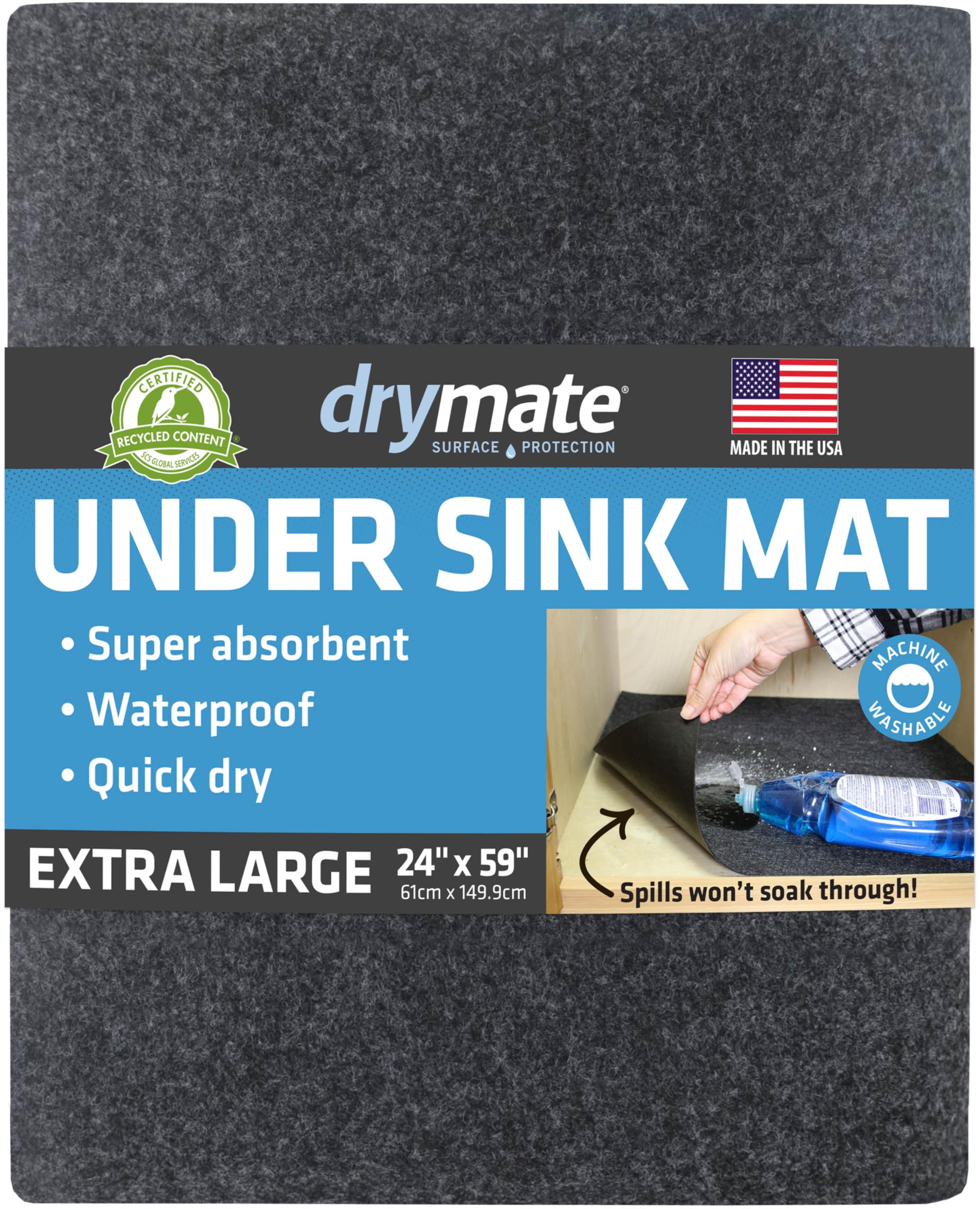 Drymate Premium XL Under The Sink Mat (24” x 59”), Cabinet Protection Mat, Shelf Liner - Absorbent/Waterproof/Slip-Resistant - Machine Washable, Durable (Made in the USA) (Charcoal)