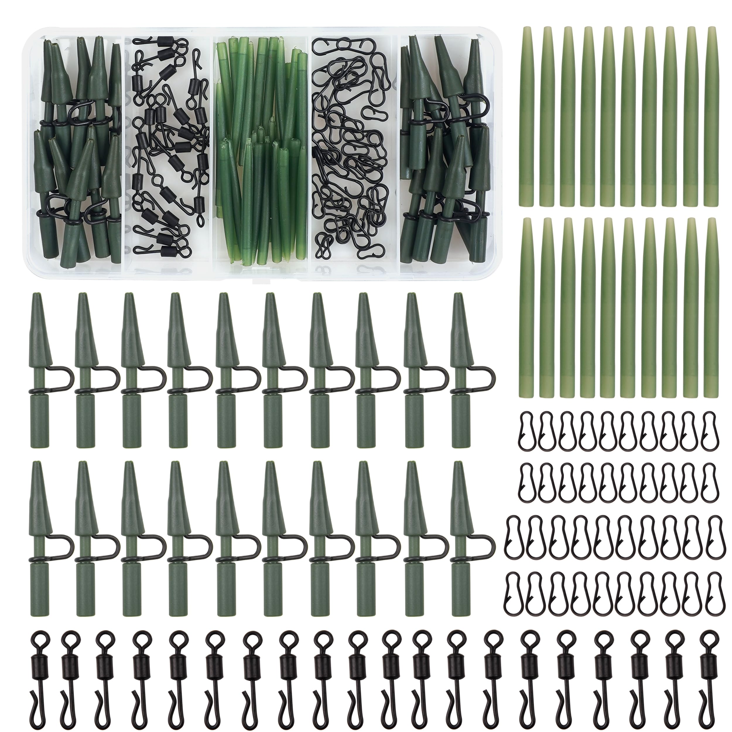 Carp Fishing Accessories Tackle Box Kit Running Rig Rubber Chod Rigs Clips Connector Anti-Tangle Sleeves Carp Fishing Terminal Tackle (110pcs)