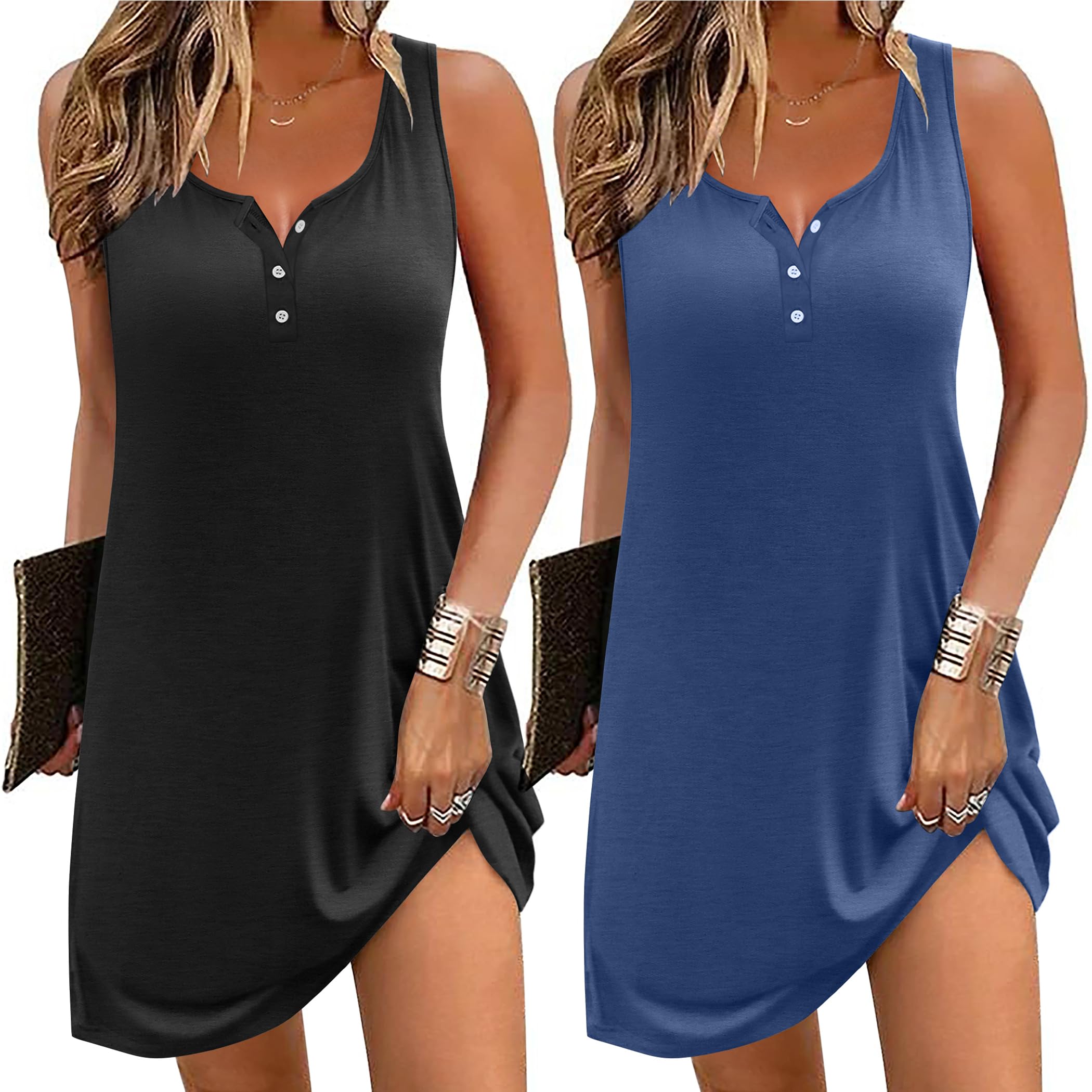 Photo 1 of *ONLY BLACK ONE* Ekouaer Tank Nightgowns for Women 2 Pack Sexy Night Gown Sleeveless Sleepwear Soft Sleep Dress Button Sleepshirt Black/Blue Small