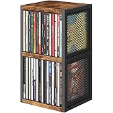 ELITEROO CD Holder Desk Rack Organizer, Wooden CD Storage Stand Holds up to 30 Cd Cases, 2 Tier CD Tower with Mesh Sides, Retro Small CD Display Shelf for Theatre Room, Home Collectibles, Rustic Brown