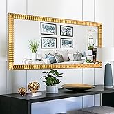 Chende 22" x 46" Decorative Wall Mirror for Dining Room Decor, Large Gold Mirror with 3D Wave Wood Carved Frame, Unique Rectangle Wall Decor, Hang Horizontally/Vertically