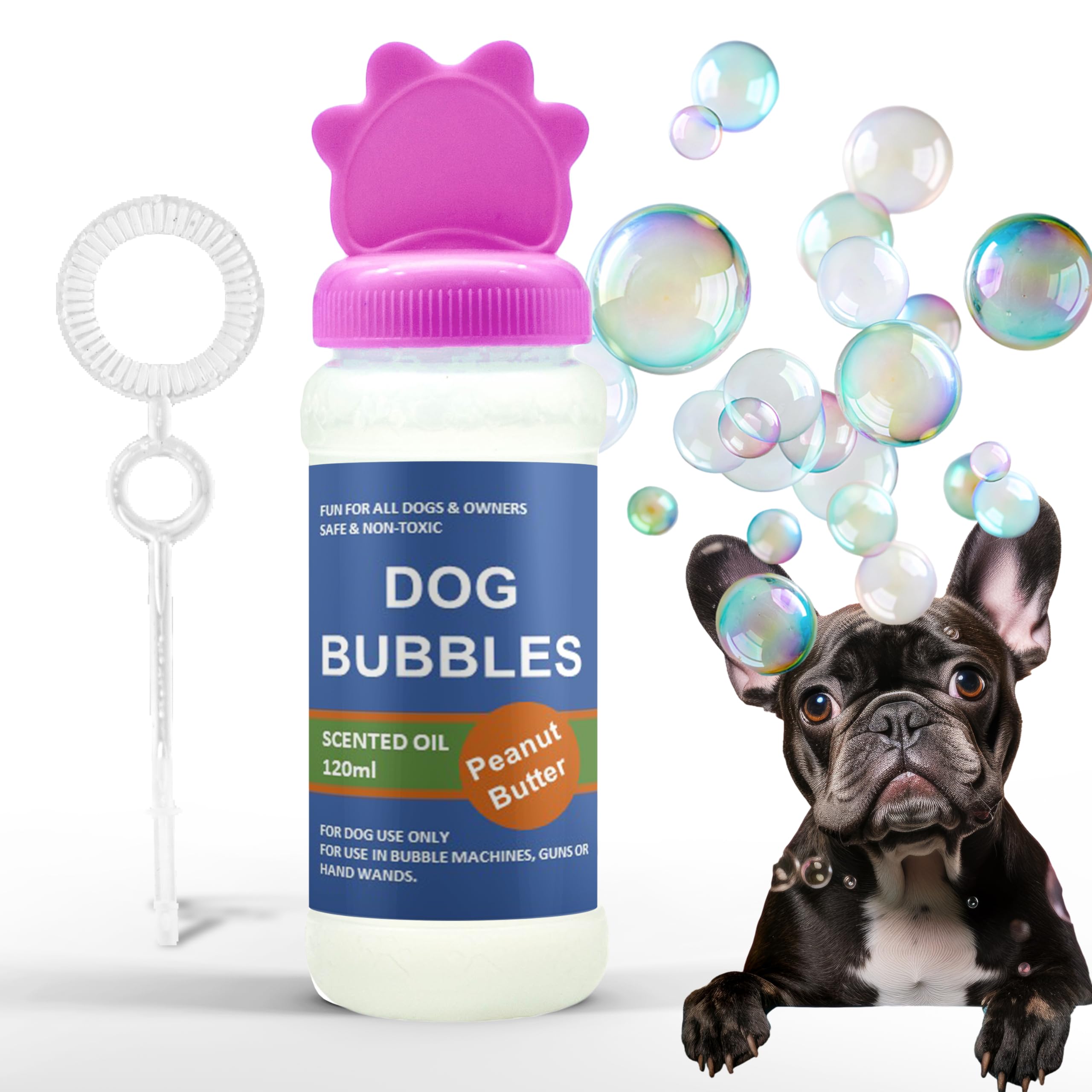 Petopedia Dog Bubbles – PEANUT BUTTER and BEEF Scented, Safe Blowing Bubbles for Dogs, Interactive Toys for Boredom, Suitable for Puppies to Large Dogs (120ml, Peanut Butter - Pink)
