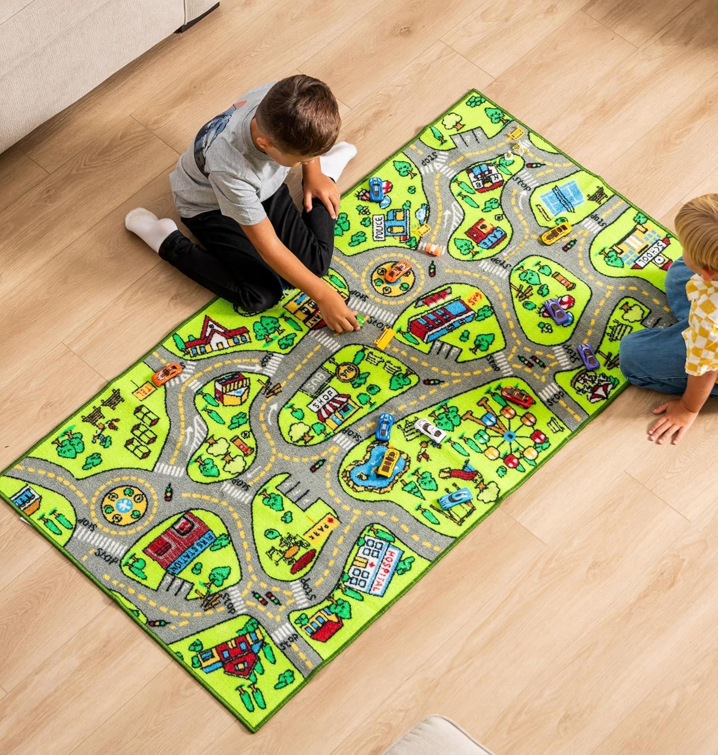 Photo 1 of ToyVelt Kids Car Rug Playmat - Large 60” x 32” Road Traffic Carpet for Kids Ages 3–12 - Educational City Play Mat Made of Soft Polyester with Skid-Proof Backing for Bedroom or Playroom