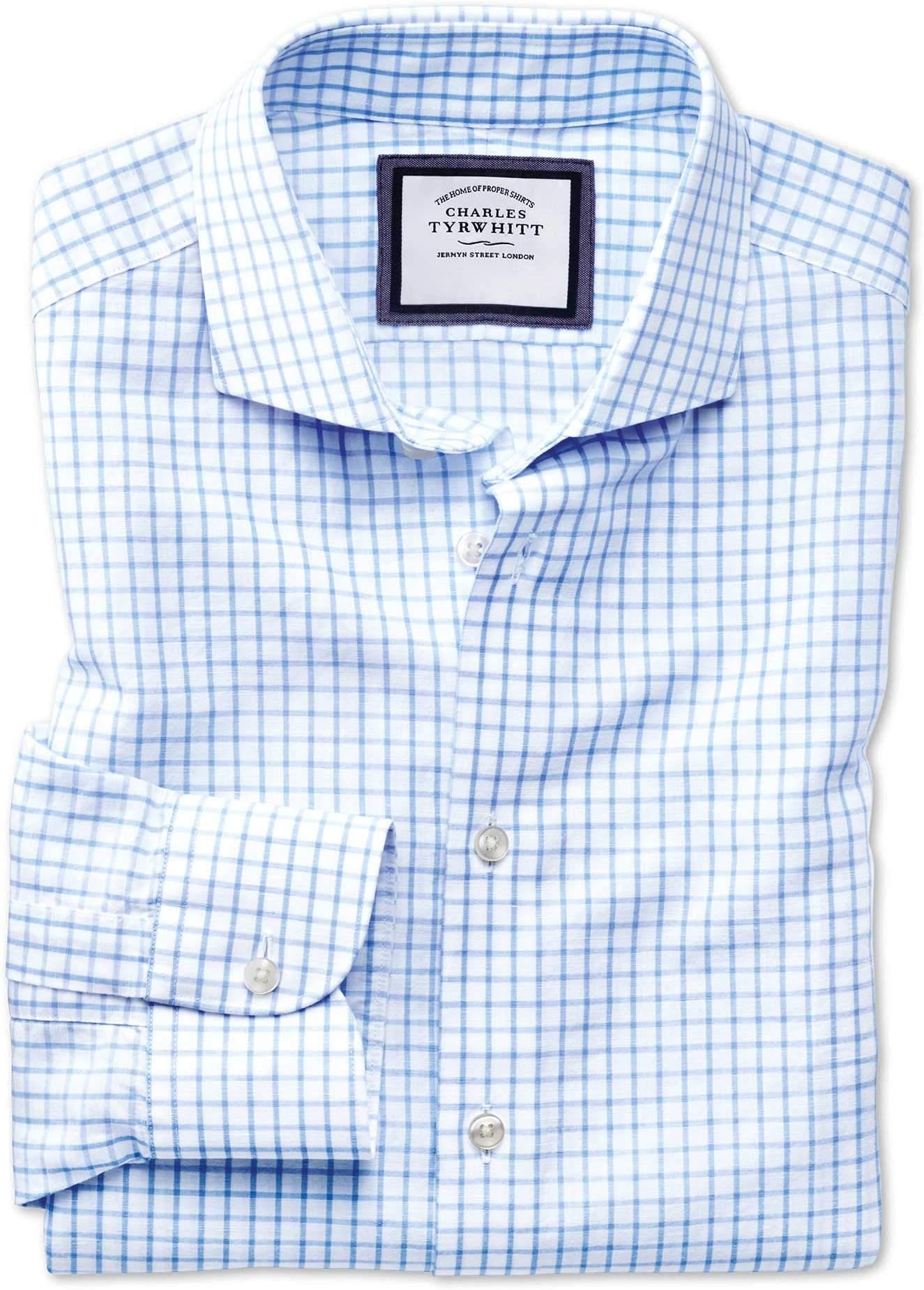 Charles Tyrwhitt Extra Slim Fit Cutaway Business Casual Linen Cotton Sky Blue Cotton Linen Mix Formal Shirt Single Cuff