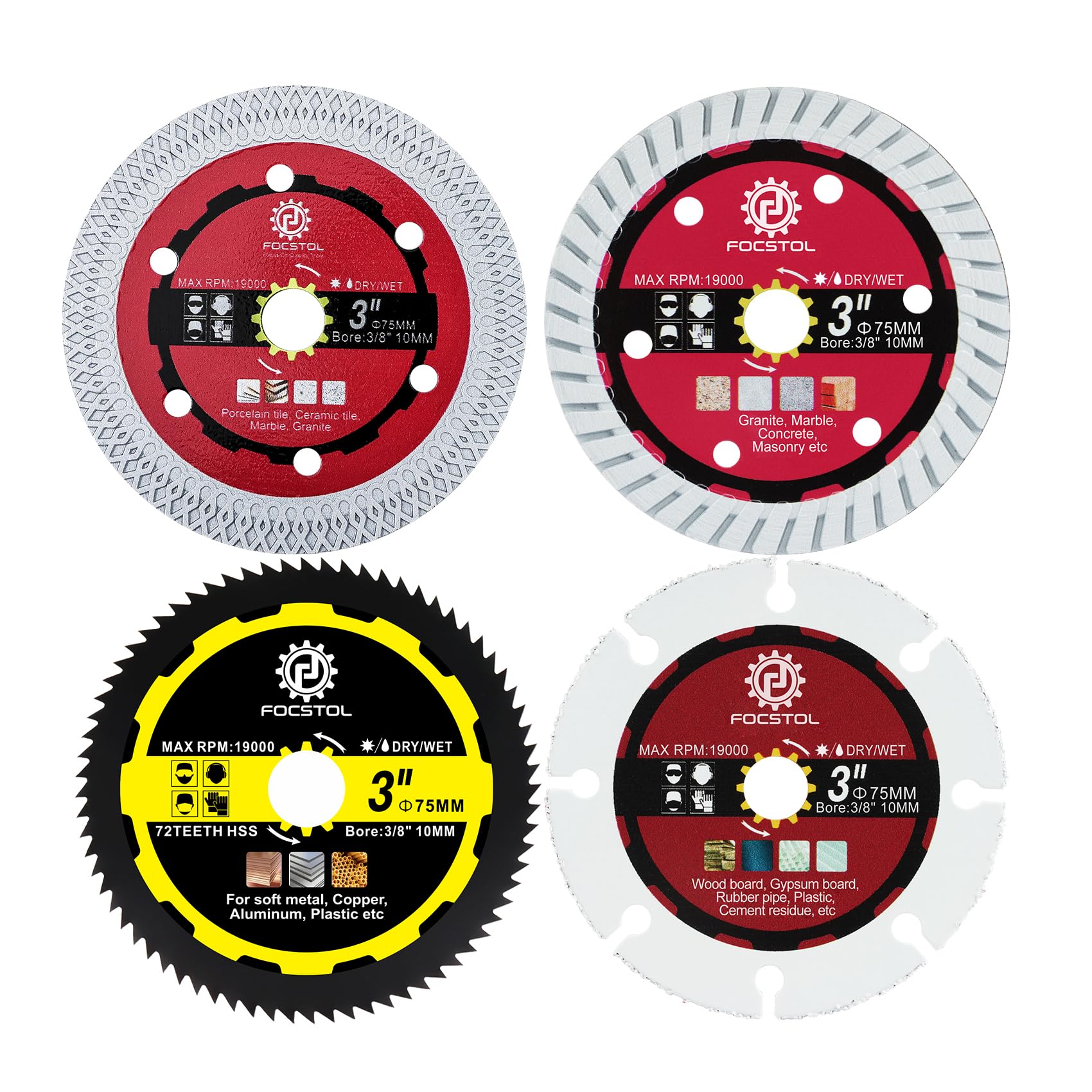FOCSTOL Diamond Saw Blade Set - 4pcs 75mm Cutting Disc for Porcelain Tile Wood Concrete Metal for Angle Grinder Arbor 10mm
