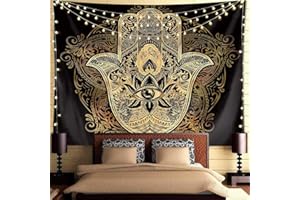 QCWN Psychedelic Tapestry Trippy Tapestry Black Gold Hamsa Hand Tapestry Mandala Medallion Bohemian Tapestry Evil Eye Hamsa Hand Blessing Home Good Luck Wall Decor Tapestry for Bedroom Dorm Room.