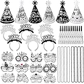 HOWAF 2026 New Year Eve Party Supplies 2026 Decorations Kit - Black Silver Firework Happy News Years Paper Glasses Headband Cone Hats Blowouts Necklace for 2026 News Years Eve Party Supplies, 42pcs