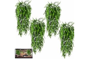 HERCOCCI 4 Pack Reptile Plants, Terrarium Hanging Plants Vines Artificial Leaves Habitat Decorations with Suction Cup for Bearded Dragon Hermit Crab Lizard Snake Geckos Chameleon