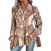 WDIRARA Women's Paisley Print Notched V Neck Bishop Long Sleeve Ruffle Hem Blouse Peplum Top