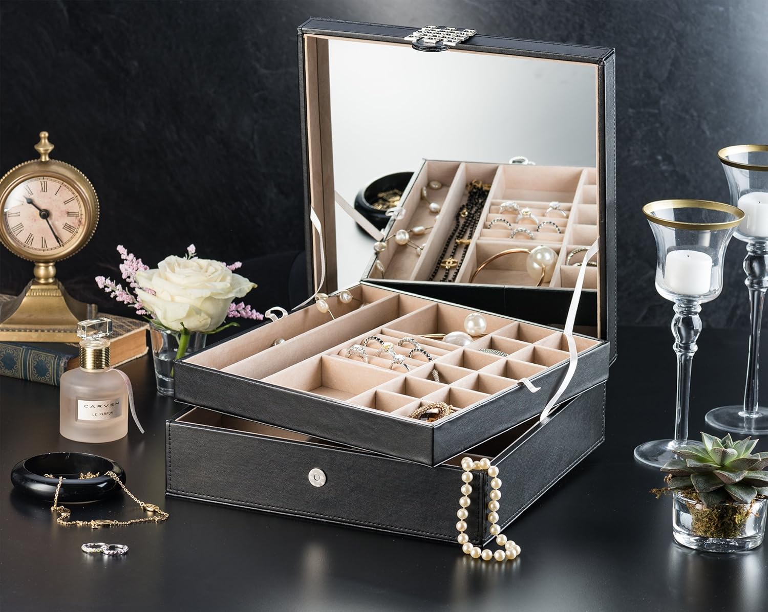 Glenor Co 28 Section Jewelry Box - 2 Layer - Buckle Snap & Magnet Closure - Large Mirror - Leather Design - Black - Jewelry Organizer for Women & Girls - Holder for Earring Ring Necklace & Bracelet: Home & Kitchen