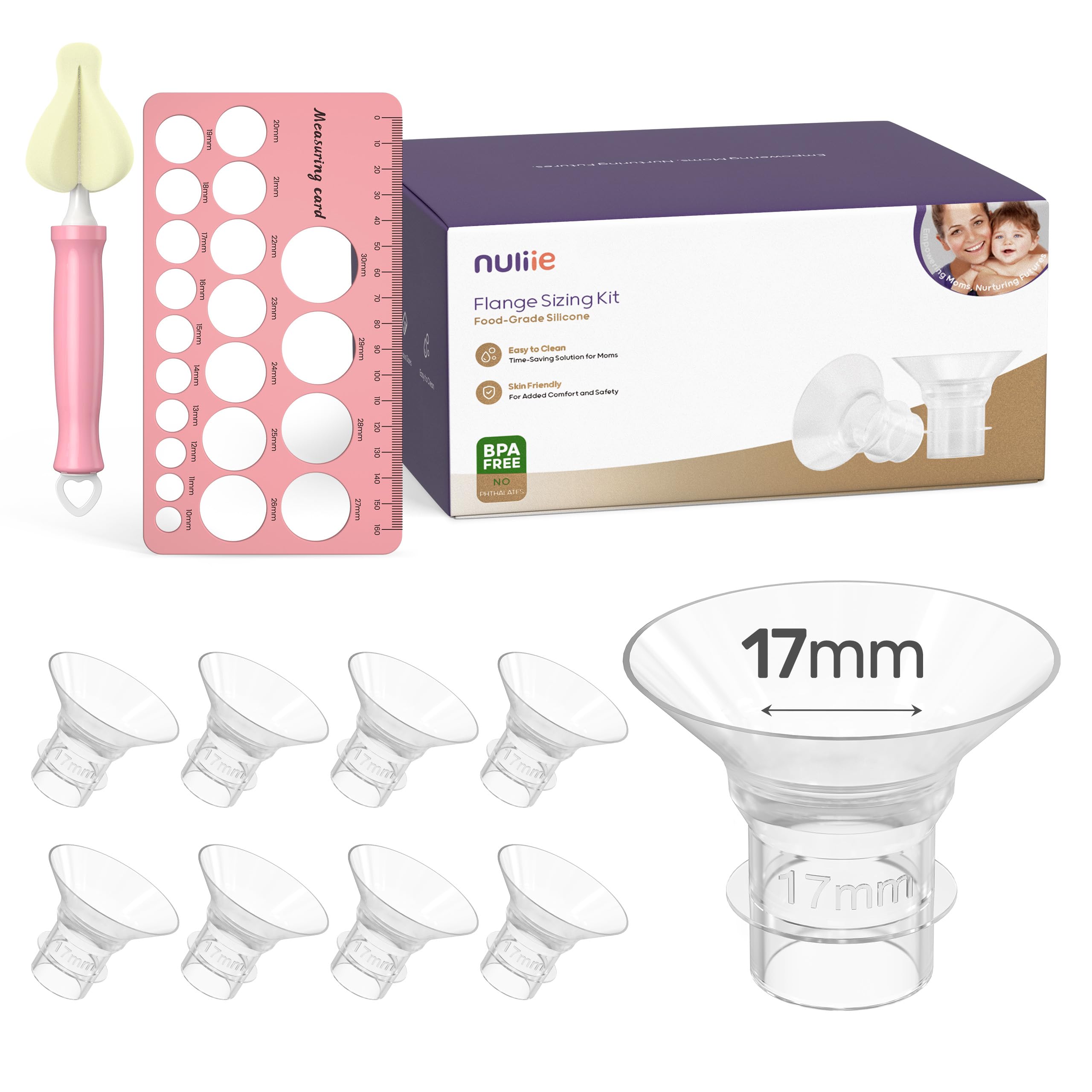 Photo 1 of Nuliie 8PCS Flange Sizing kit 17mm for 24mm Flange/Shield of Most Pumps, BPA Free Silicone Flange Inserts, Compatible with Momcozy/Elvie/Spectra/Bellababy/TSRETE/Nuliie Electric Breast Pumps