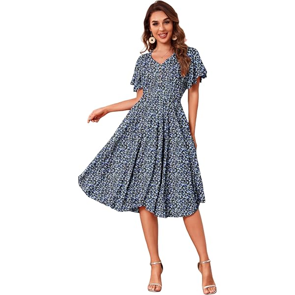 Women’s Floral Midi Dress With Lace Trim - V-Neck, Short Sleeves, Elastic Waist Belt, Side Pockets, Summer Casual