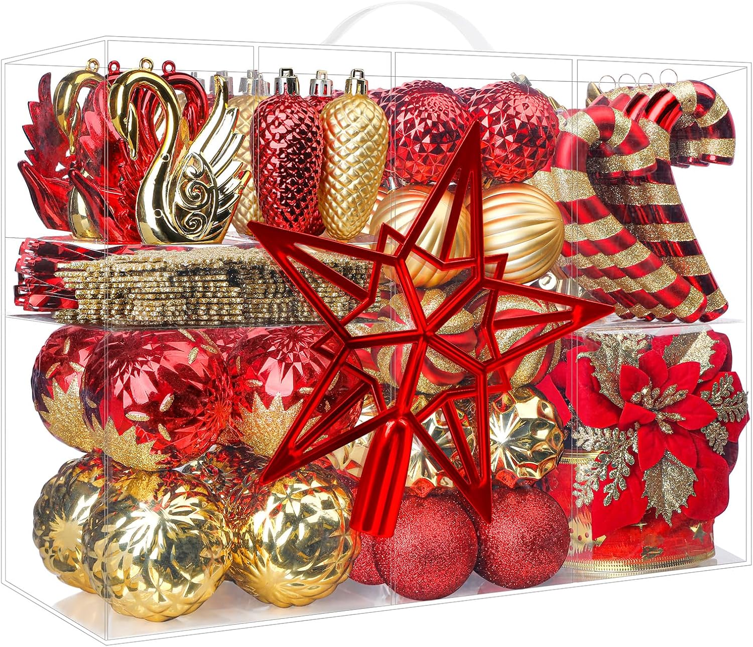 Ornaments - Alupssuc 128pcs Christmas Balls Ornaments Set, Shatterproof Plastic Baubles Christmas Flowers, Ribbon and Tree Topper for Xmas Tree Holiday Wedding Party Decorations with Hanging Strings, Red and Gold