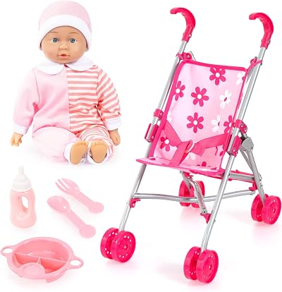 Bayer Design Pink Dolls Stroller Pram Set with Doll Included