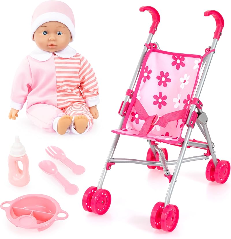 Bayer Design Pink Dolls Stroller Pram Set with Doll Included