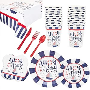 Nautical Baby Shower Party Pack, Dinnerware Set with Tablecloth (Serves 24, 169 Pieces)
