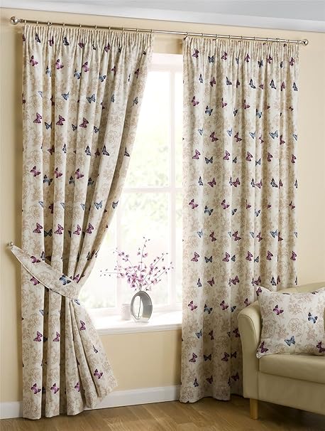 Homescapes Luxury Mauve Cream Cotton Pencil Pleat Curtains Pair