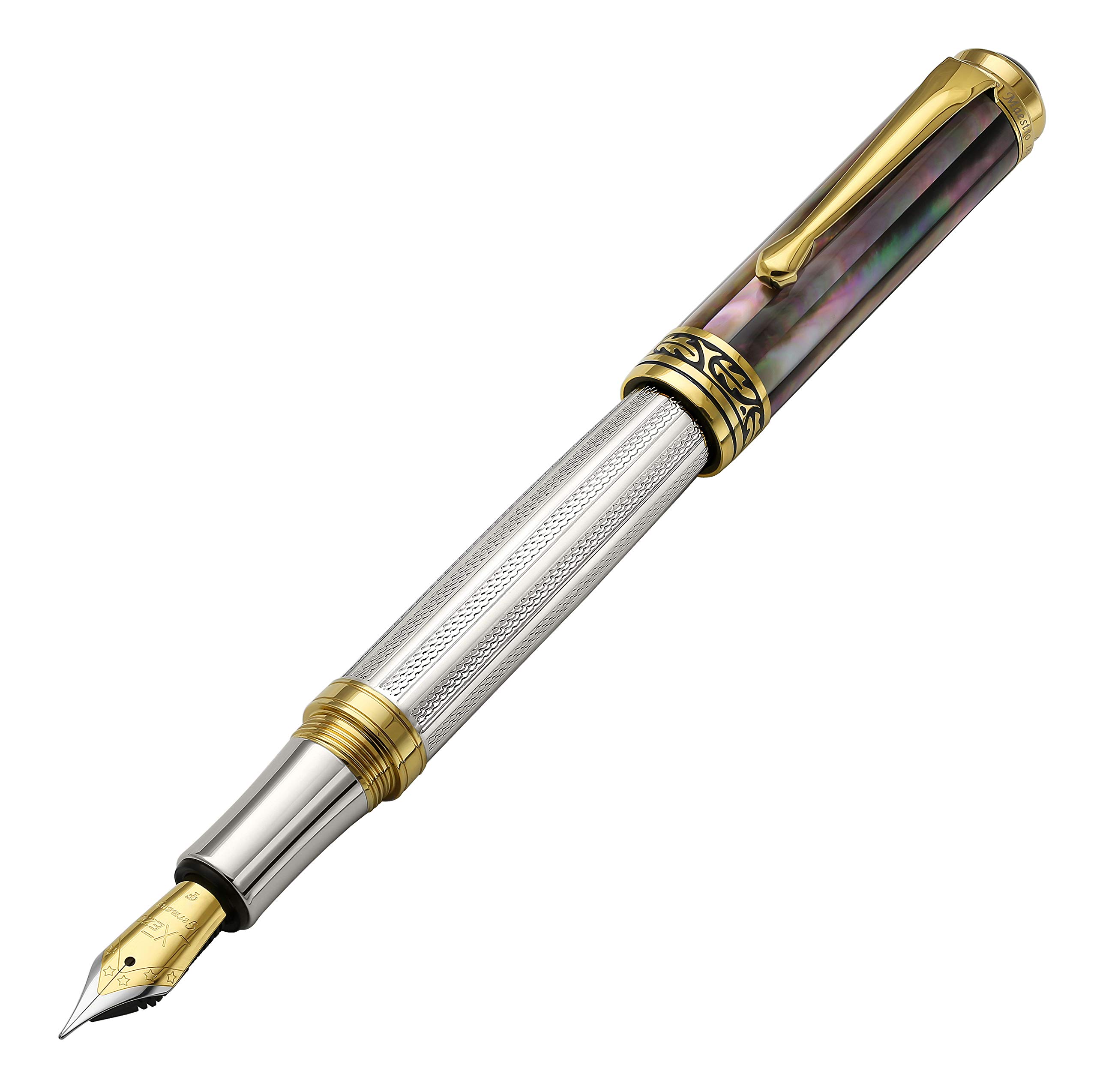 Xezo Maestro Fountain Pen, Fine Nib. Solid 925 Sterling Silver and Tahitian Black Mother of Pearl with 18 Karat Gold Plating. Handcrafted, Limited Edition, Serialized