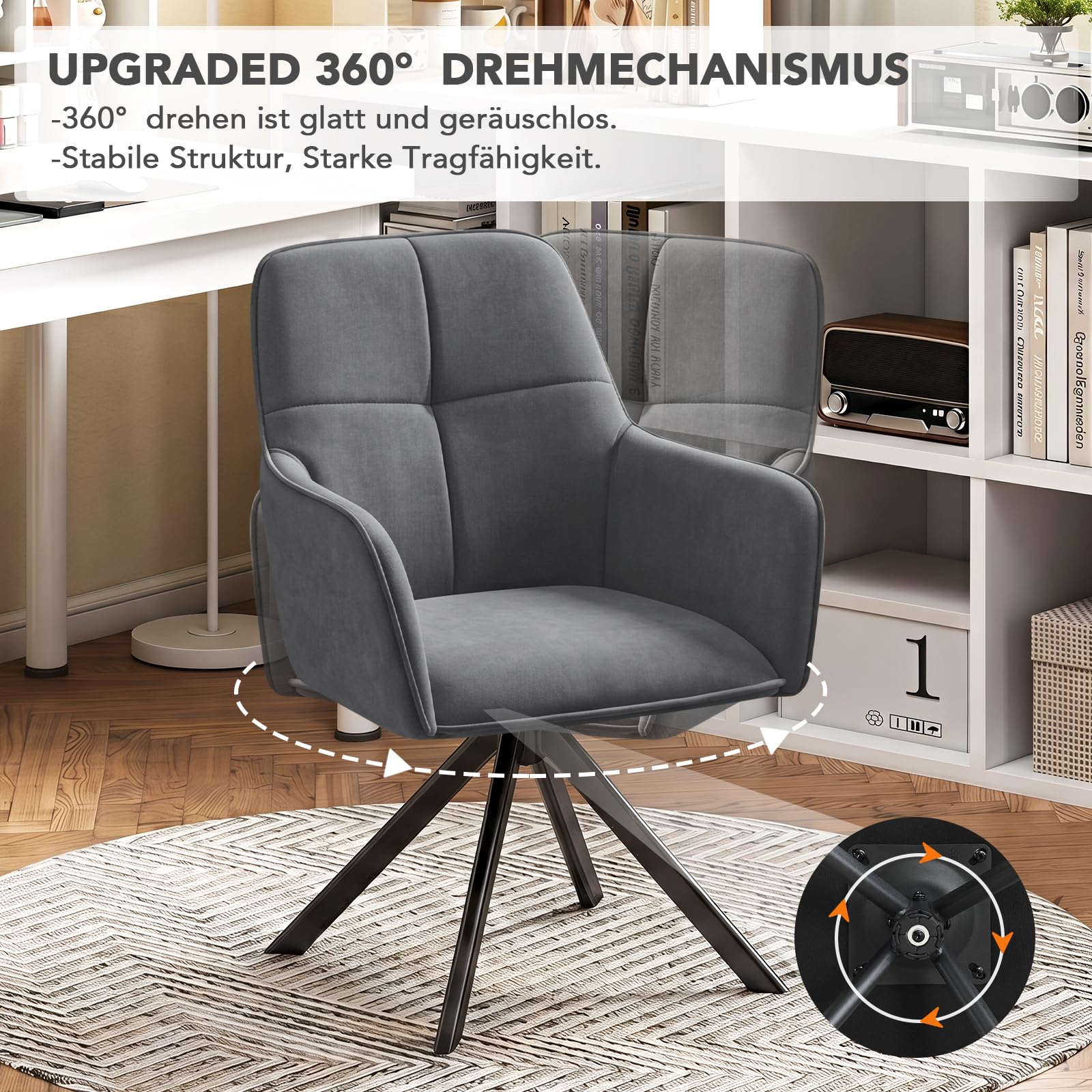 Ckaff Esszimmerstühle Drehbar 6er Set mit Armlehne, 360°Drehbar Polsterstuhl Samt Modern Drehstuhl Küchenstuhl mit Metallgestell und Rückenlehne für Esszimmer, Wohnzimmer, Büro, Dunkelgrau 4